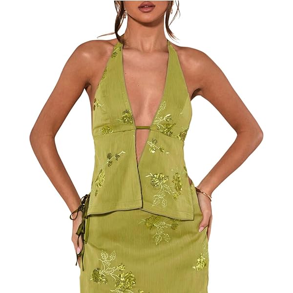 SOLY HUX Women's Floral Glitter Halter Crop Top - Deep Cowl Neck Backless Vest For Parties & Vacation