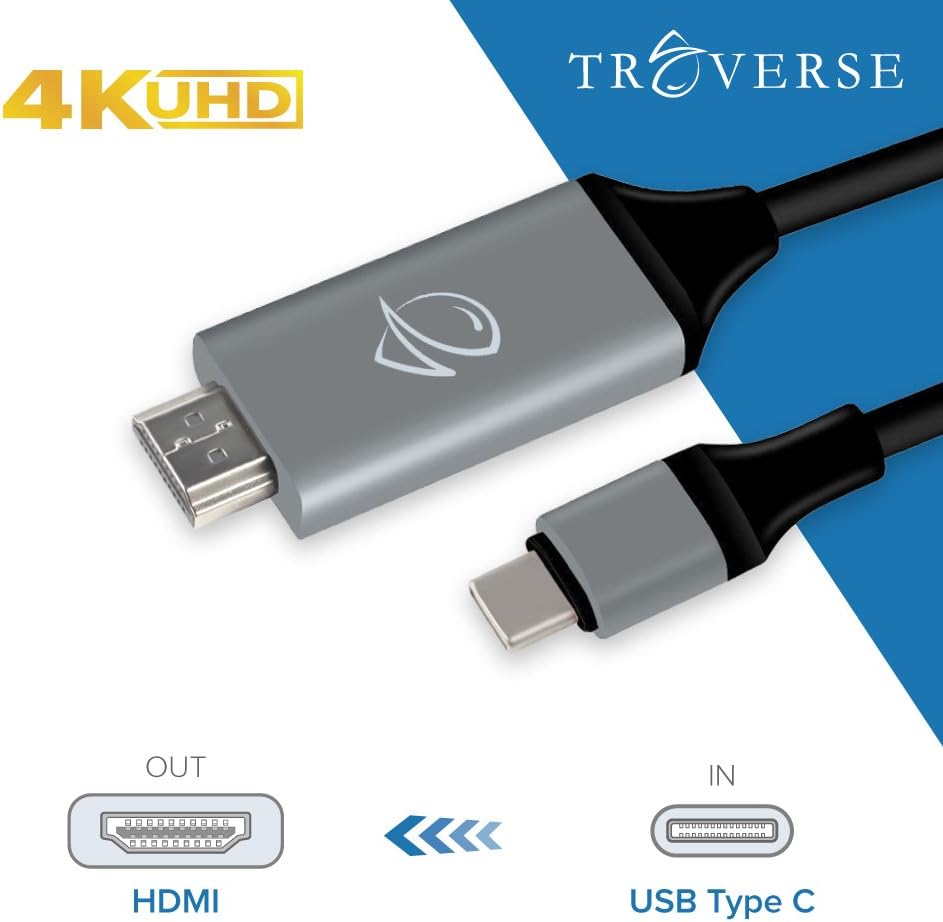 USB-C to HDMI Cable (6ft/2m), Traverse USB 3.1 Type C (Thunderbolt 3 Compatible) to HDMI 4K Cable for /MacBook/Laptop/Samsung Galaxy S8