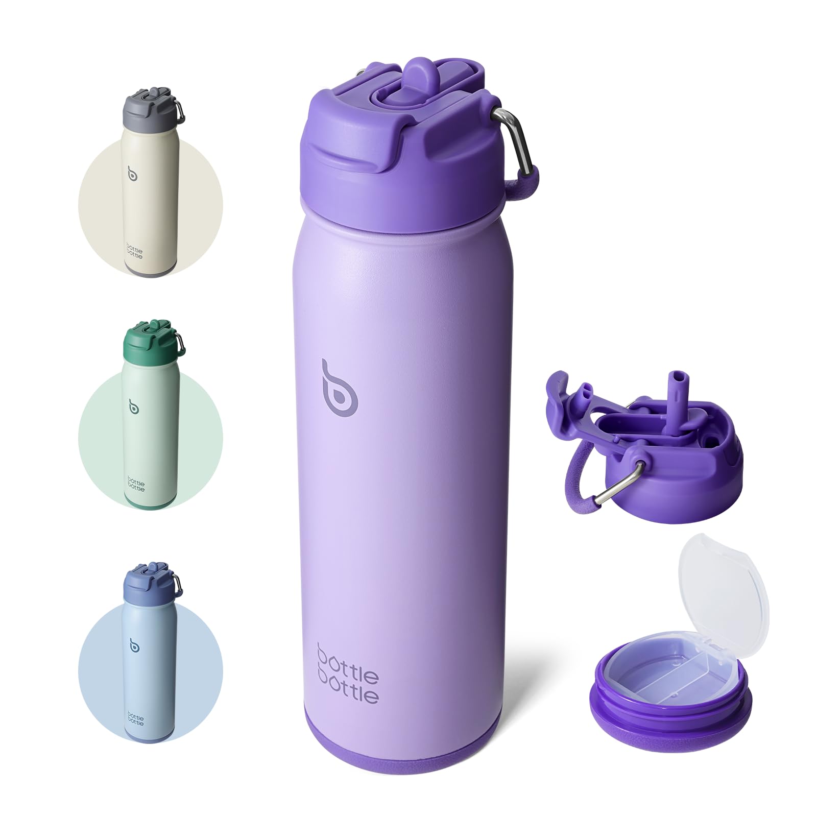 BOTTLE BOTTLE Insulated Water Bottle Stainless Steel 700ml（24oz） Bike Water Bottles with Straw and Adjustable Lid Daily Drink Flask Pill Organizer (purple)