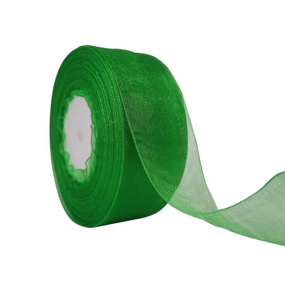 Dishaur Christmas Organza Ribbon for Gift Wrapping 38mm x 45m, Green Sheer Organza Ribbon for Xmas Tree, Bows and Crafting
