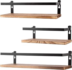 PHUNAYA Floating Shelves Rustic Wood Wall Mounted Shelf Practical Metal Fence Design – Ideal for Bedroom, Bathroom, Kitchen Set of 3 … (Carbonized Black)