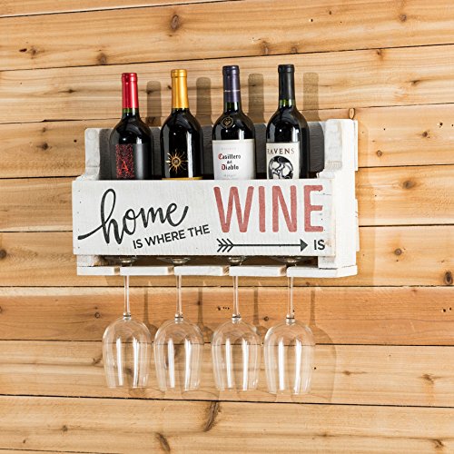 The Little Elm Wine Rack w/Quote 'Home is Where the Wine is', del Hutson Designs - USA Handmade Reclaimed Wood, Wall Mounted, 4 Bottle 4 Long Stem Glass Holder (White)