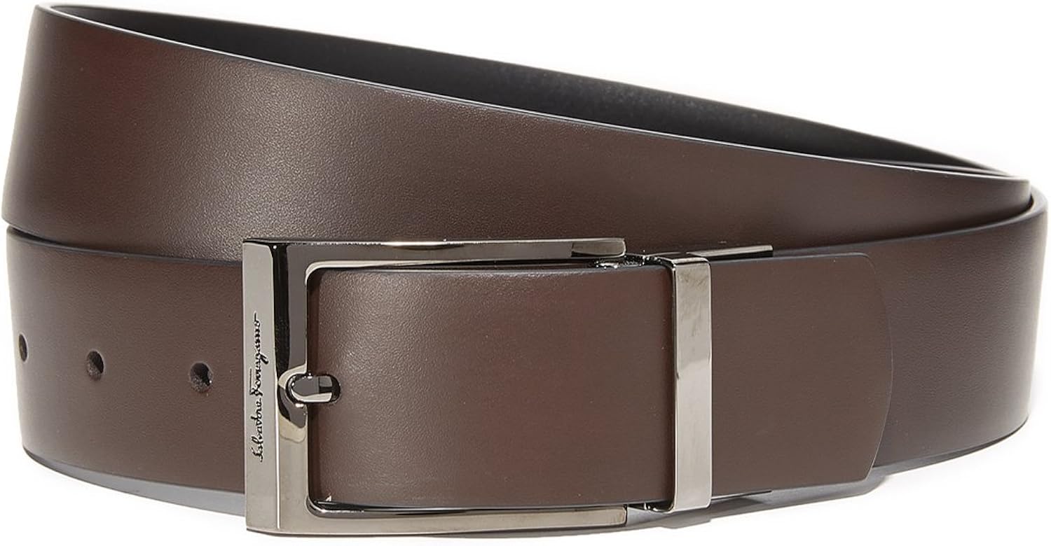 Salvatore Ferragamo Men's Square Buckle Leather Belt, Brown/Gunmetal