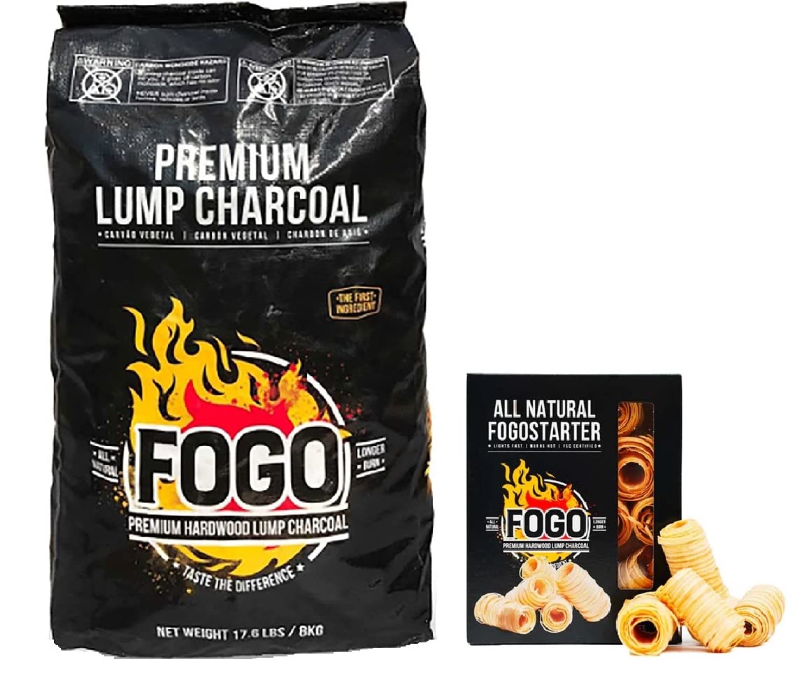 FOGO Premium Hardwood Lump Charcoal, Natural Medium and Small Sized Lump Charcoal 17.6 Pound Bag and FOGO Fogostarters Natural Fire Starters, 30 Count Box, Bundle Image