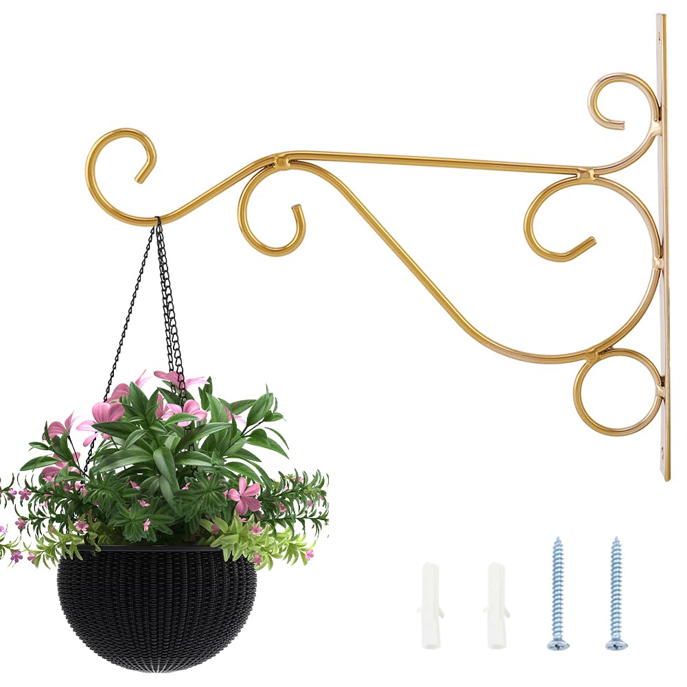 Hanging Plant Bracket, 10 x 8.3inch Iron Wall Hook Plant Hanger Bracket for Bird Feeders, Planters, Lanterns Indoor Outdoor Home Garden Decoration (Gold)