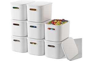 ORGIDOL 8 Pack White Storage Bins with Lids Stackable Storage Container for Organizing, Storage Boxes with Handle for Shelves, Cute Storage Bin for Craft, Snacks, 9.85x6.9x5.7 inch