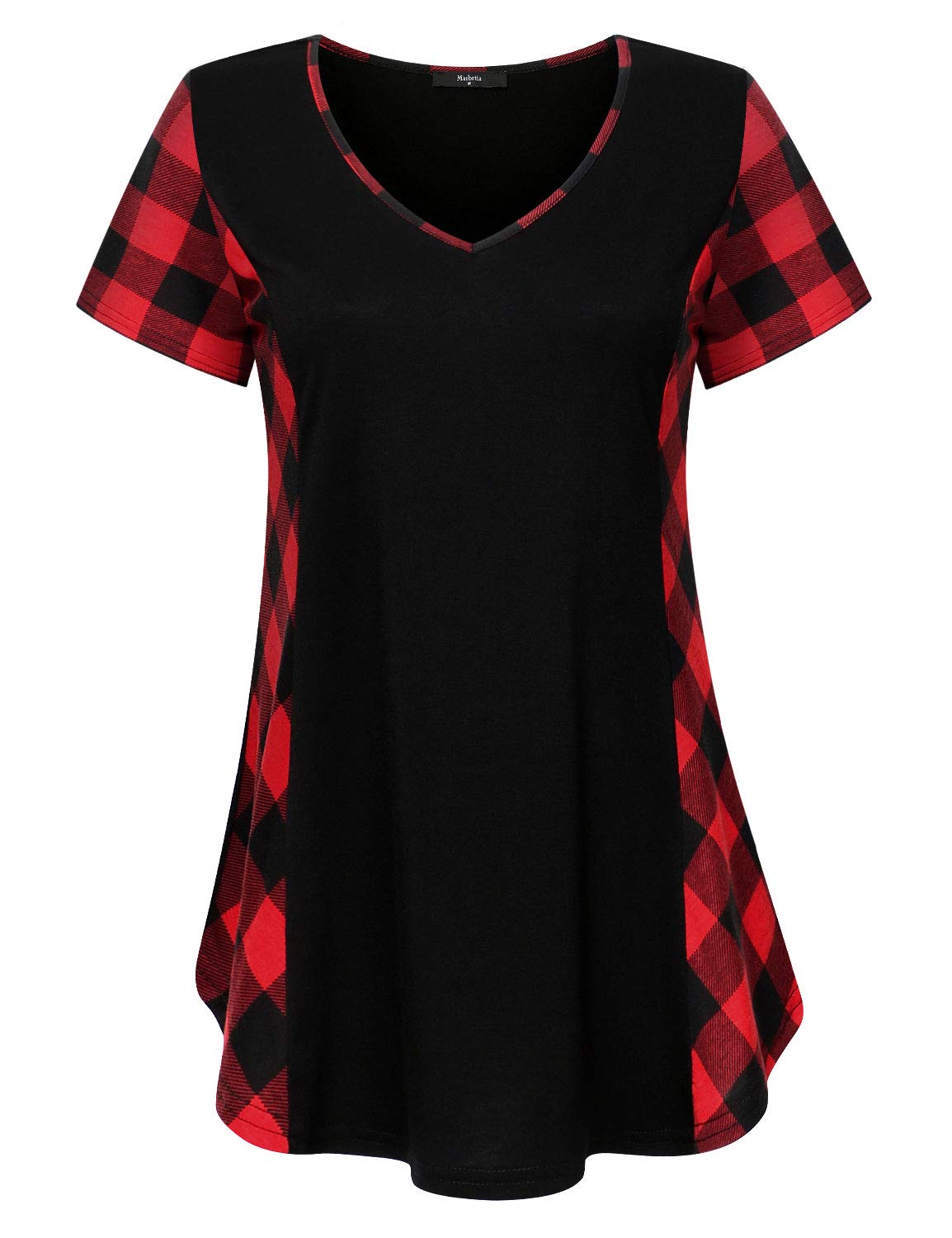 Marbetia Cotton Polyester No-Button Women Blouses Short Sleeve Plaid Print Loose Raglan Street Wear Chiffon Dress XX-Large Black Oversize