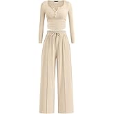 PRETTYGARDEN Women's 2026 Fall Trendy 2 Piece Outfits Lounge Sets Long Sleeve Top Henley Shirts Wide Leg Pants Travel Clothes