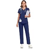 HSDORY Scrubs for Women Sets, Stretch V-Neck Scrub Top &amp; Cargo Pants with Multi Pockets, Anti-Wrinkle