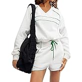 Fisoew Womens Sweatsuits 2 Piece Outfits V Neck Fleece Sweatshirts Contrast High Waisted Shorts Casual Tracksuits Lounge Sets