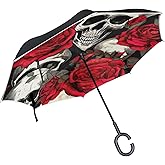MCHIVER Skulls Red Roses Flowers Inverted Reverse Umbrella with C-shaped Handle Waterproof Upside Down Umbrella Windproof Dou