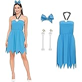 CLEDARM Women Betty Costume Caveman Blue Dress Halter Gown Earrings Hair Bow Outfit Family Halloween Cosplay Set