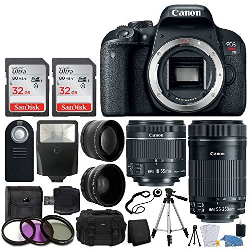 Canon EOS Rebel T7i Digital SLR Camera + EF-S 18-55mm is STM Lens + EF-S 55-250mm is STM Lens + Wide Angle Lens & 2X Telephoto Lens + 64GB Memory Card + Quality Tripod - Complete Accessory Bundle