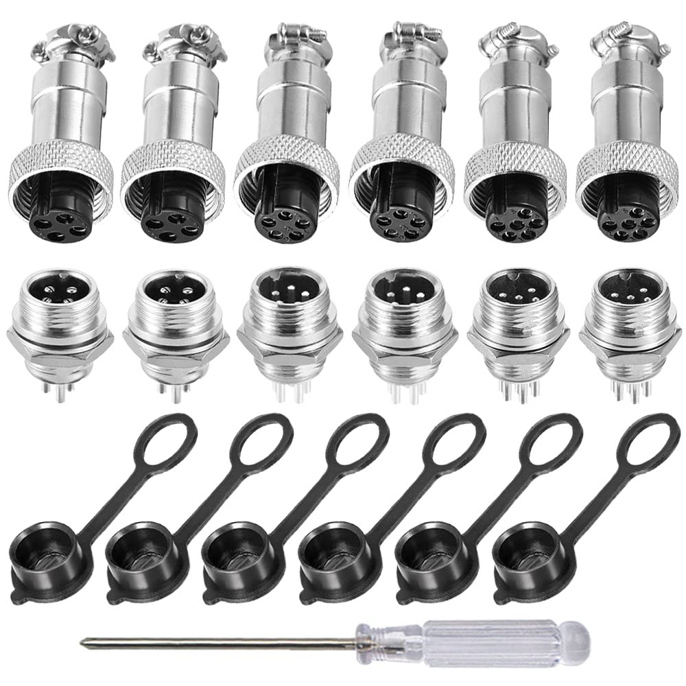 Aiqeer 6 Pcs GX12 Aviation Connector Set, 12 mm Thread Panel Metal Aviation Cable Connector, 5A Male Female Aviation Connector Plug Socket Kit, with Rubber Cap (4 Pin/5 Pin/6 Pin)