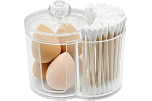 Clear Cotton Swab Organizer with Lid - Dual Compartment Q Tip Holder & Cotton Pad Dispenser for Bathroom Vanity