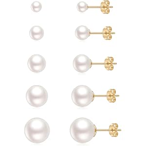 ToHeart 5 Pairs 14K Gold Silver Plated Pearl Stud Earrings for Women 3-7MM | Hypoallergenic Pearl Earrings Set Lightweight Ca