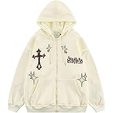 RYXSUN Gothic Hoodie Women Men Embroidery Zip Up Youth Hip Hop Cross Graphic Retro Fleece Sweatshirt Streetwear