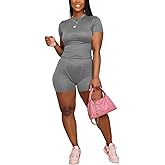 PINSV 2 Piece Sets for Women Summer Workout Sets Fitted Crew Neck T-shirt High Waist Jogger Legging Short Sets