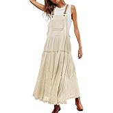 Women's Casual Lace Embroidered Maxi Dress Adjustable Strap Pleated Tiered Swing Long Dress with Pockets