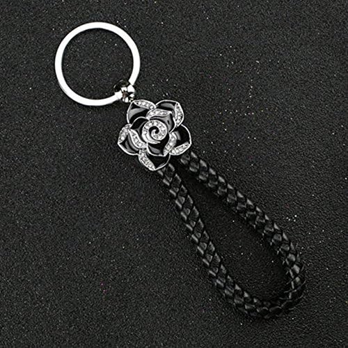 INEBIZ Luxury Car Charm Rhinestones Camellia Flower Woven Keychain Key Ring for Women Girl (Black)