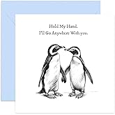 Old English Co. Wedding Anniversary Card for Wife - 'Hold My Hand' - Romantic Penguin Card for Wife Girlfriend, Boyfriend, Husband - Sweet Quote For Couple | Blank Inside Envelope