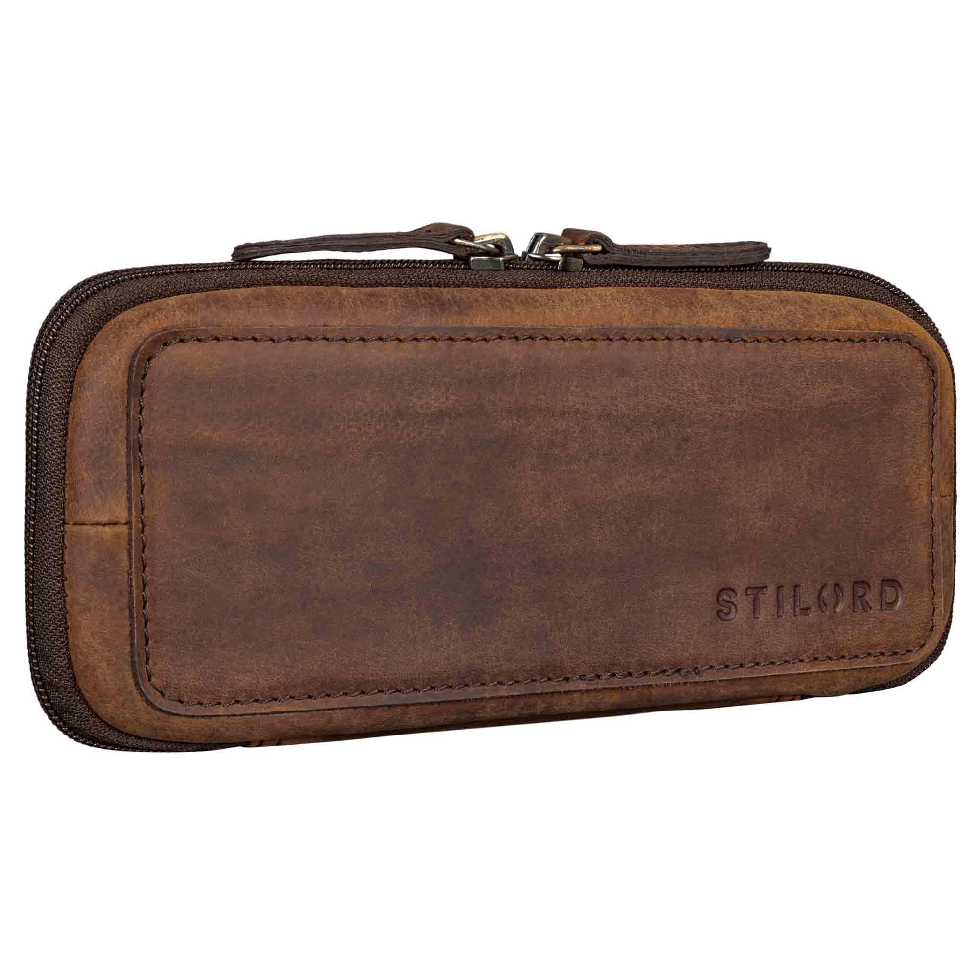STILORD 'Scotty' Leather Case Vintage with Zip Hardcase Pencil Holder Men's Genuine Leather Slim Pencil Box Cosmetic Pouch Ladies Pen Folder Small, Colour:Zamora - Brown