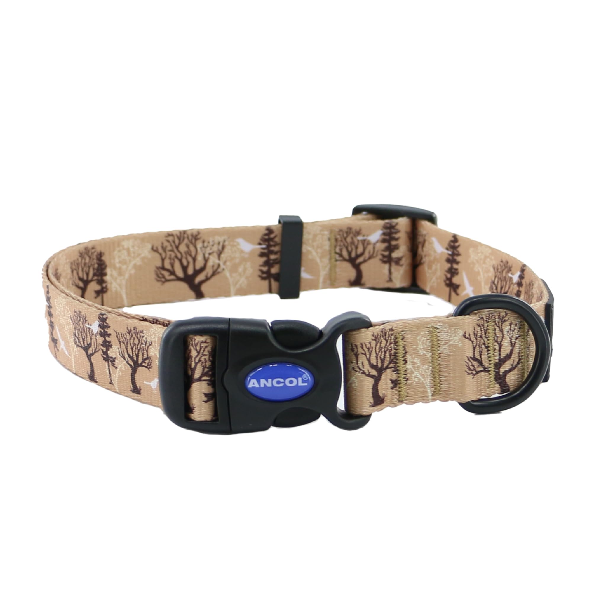 Ancol Soho Round Dog Collar Woodland Patterned - 100% Recycled Fabric Comfortable Pet Accessory - Sturdy Adjustable Buckle Puppy Neckband - Large