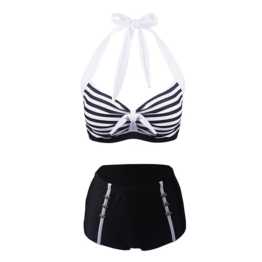 Laorchid 50er Damen Bademode Bikini Set Push up Hohe Taillen Bauchweg Gestreift