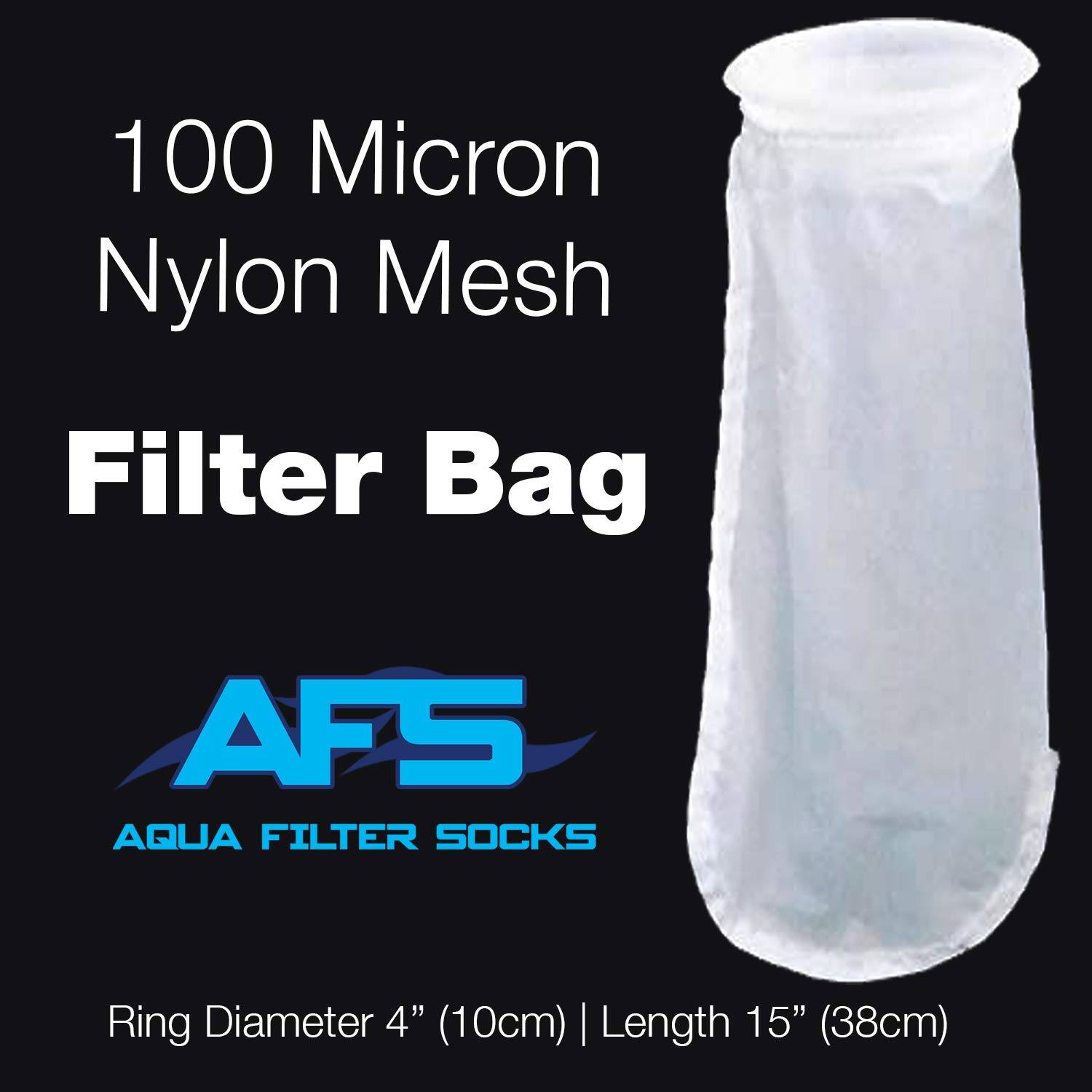 AFS Aquarium Water Filter Sock Bag 4" Ring Nylon Mesh 100μm 100 Micron 15" Long