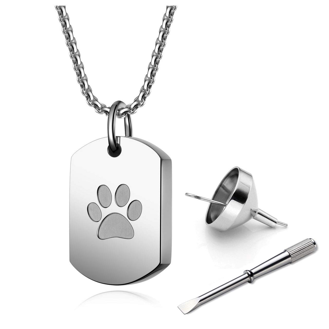 PiercingJak Stainless Steel Pet Ashes Urn Memorial Jewelry Cremation Urn Necklace Paw Print Keepsake Locket Pendant for Ashes with Fill Kit, Loss of Pet Cat Dog Sympathy