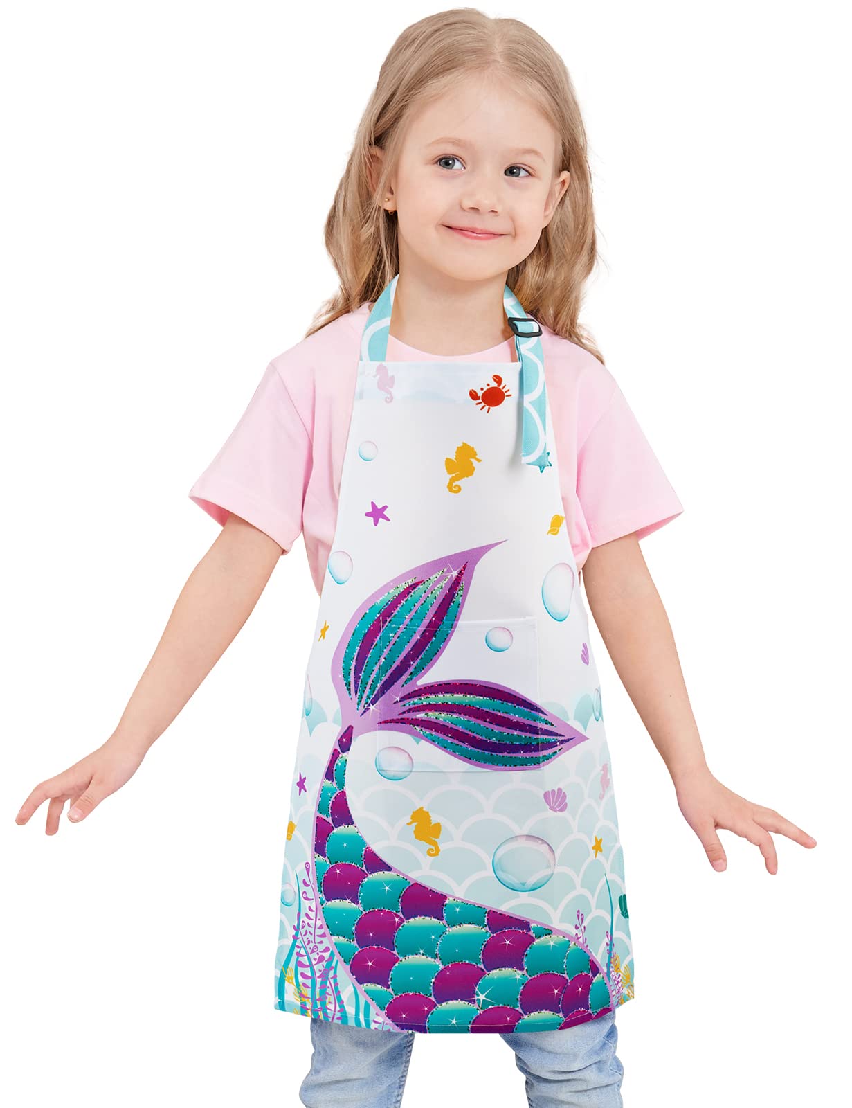 WERNNSAI Kids Apron - Mermaid Apron for Girls with Pocket Adjustable Strap Polyester Waterproof Printing Kitchen Baby Bib Aprons for Cooking Painting Baking Parties (Small, 6-10 Years) — image 1