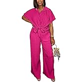 Dezraia Casual Two Piece Set for Women - Button Down Shirt and Wide Leg Pants Matching Set Tracksuits