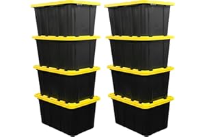 STOWIX BLACK & YELLOW 27-Gallon Storage Bin with Snap-on Lid, Heavy Duty Plastic Storage Bins with Lid, Stackable, 8 Pack