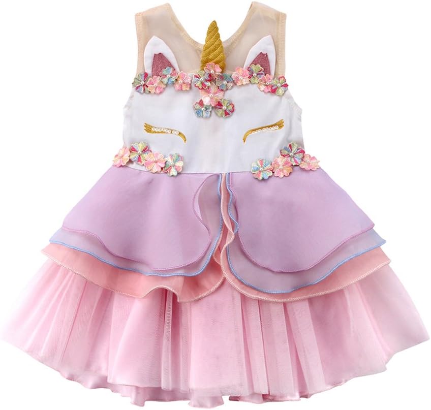 One openingBaby Girls Sleeveless Unicorn Dress Flower Girl Dress Kids Girl Flower Lace Party Dress Elegant Princess Dress for Girls