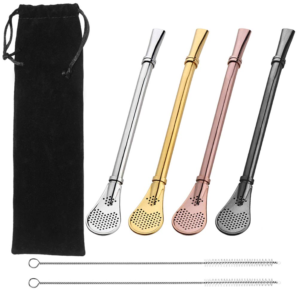 4 Pcs Premium Spoons Bombillas Yerba Mate Straw, SENHAI Drinking Stirring Spoon Head Filter Straws with 2 Cleaning Brushes- 6.1", 4 Colors