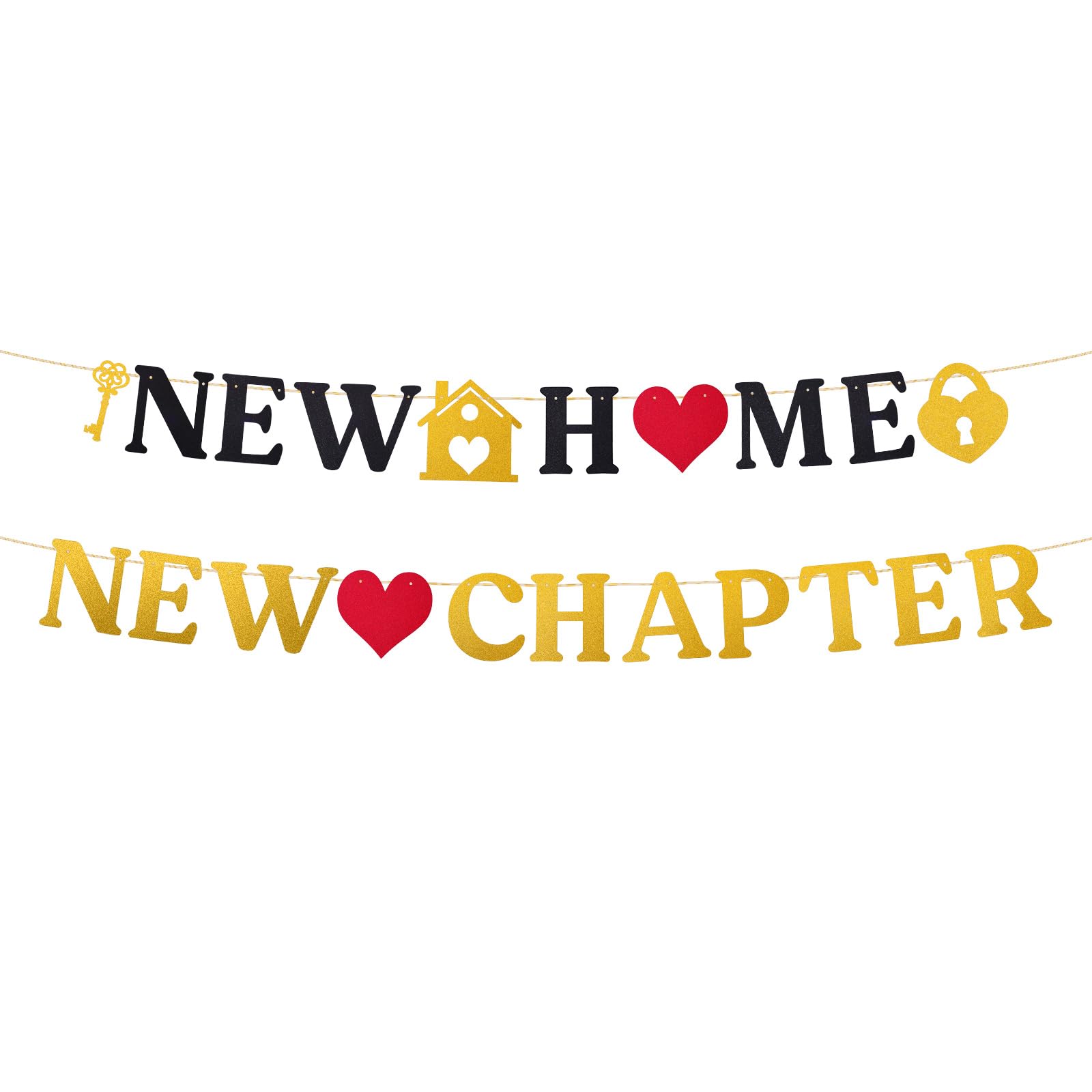 Photo 1 of New Home Banner, Black & Gold Glitter New Chapter Banner Backdrop Sign Pre-strung Housewarming Party Decorations for Welcome First House Warming Family Party Hanging Decor Supplies