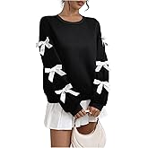 GORGLITTER Women's Bow Crewneck Sweatshirt Long Sleeve Drop Shoulder Coquette Pullover Sweatshirts Top