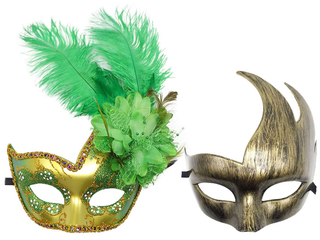 Coolwife Couple Feather Mask Masquerade Halloween Mardi Gras Cosplay Party Costume Masks (Couple Gold Green)
