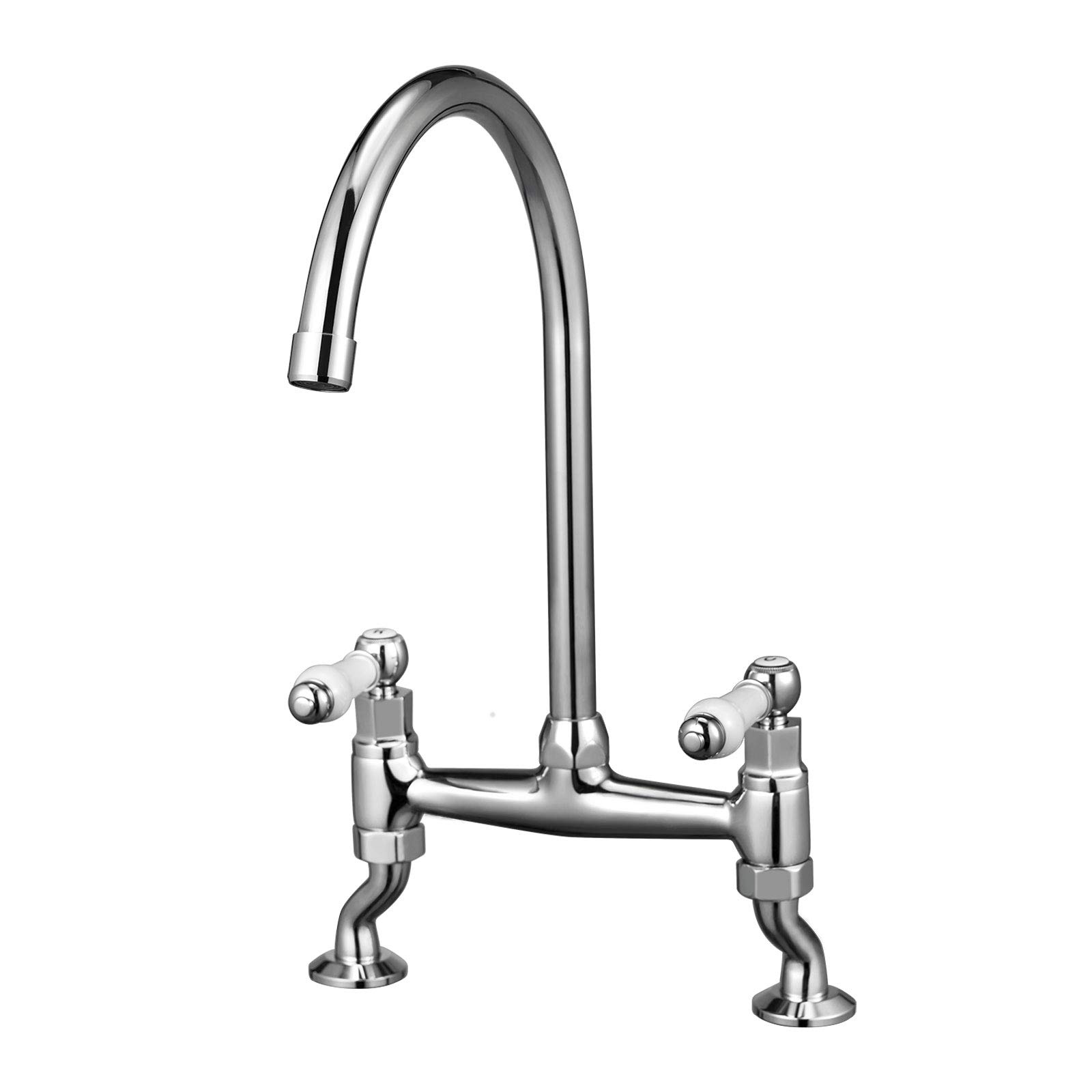 Peppermint Traditional Kitchen Sink Bridge Mixer Tap Dual Ceramic White Handle Monobloc Bar Kitchen Tap 2 Hole with Swivel Spout, Chrome Classic Bar Faucet