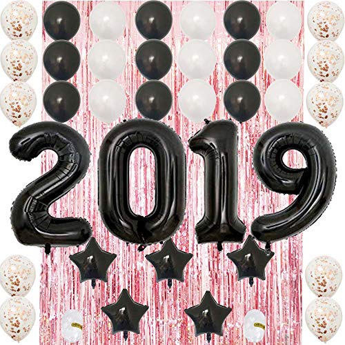 Big 2019 Balloons Black Banner Set-Latex Confetti Balloons|Mylar Star| Foil Curtain for Graduation,Happy New Year's Eve,Home Office,Senior School,Anniversary Party Decoration Supplies-Helium Support