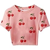 WDIRARA Women's Cherry Print Crew Neck Short Sleeve T Shirts Cute Tees Crop Tops