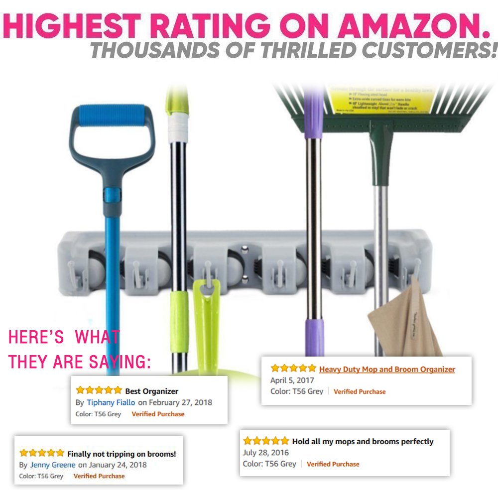 RockBirds Broom Mop Holder, T56 Multipurpose Wall Mounted Organizer, Ideal Broom Hanger Solution for Kitchen, Garage, Warehouse (5 Position with 6 Hooks)