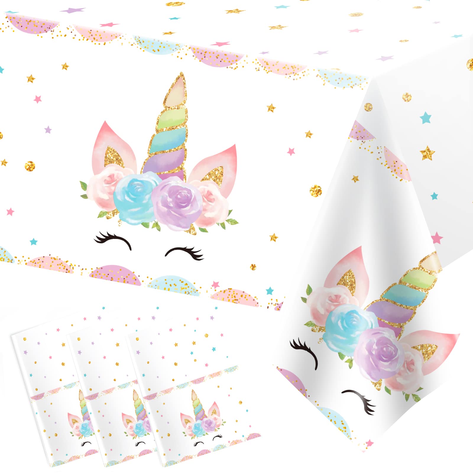 DaiUni 3PCS Unicorns Tablecloths for Birthday Decoration, Plastic Disposable Rectangle Table Covers for Kids Girls Baby Shower Party Supplies, 54" x 108"