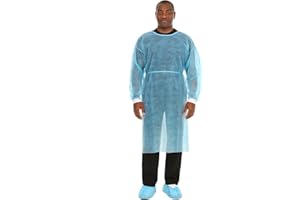 LonX Premium Isolation Gown, Disposable Robe with Neck, Waist Ties, and Knitted Cuffs, Large/Universal, Blue, Pack of 10