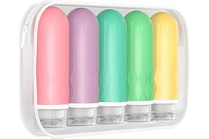 MOPIS 5 Pieces Travel Bottles for Toiletries, TSA-Approved Convenient 3oz Portable Size, Leak-Proof Design. Made with BPA-Free Squeezable Silicone. Complete Travel Set includes Clear Toiletry Bag（Pink,