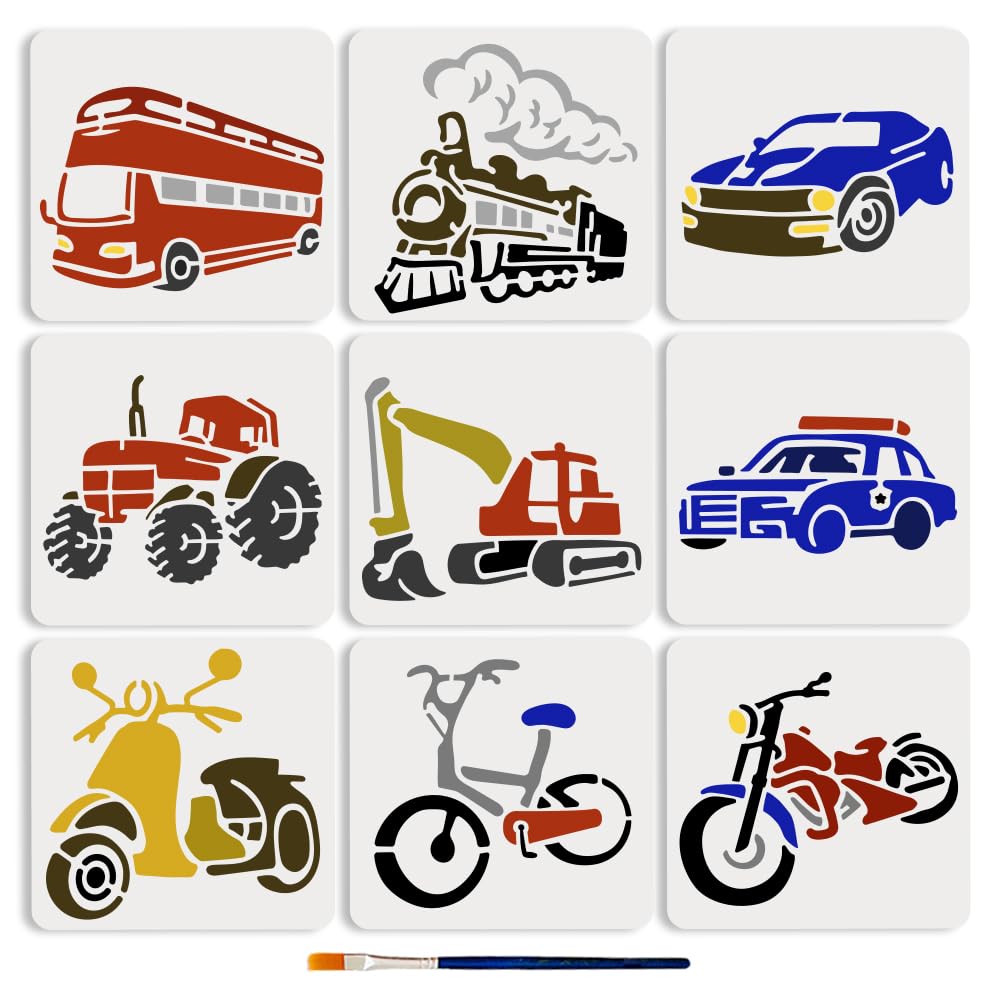 MAYJOYDIY 9Pcs Transportation Cars Drawing Template 15x15cm Reusable Template Bus Tractor Motorcycle Car Excavator Bicycle Steam Train Painting Stencil for Painting Wall Home Decor