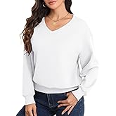 Smile Fish Women V Neck Long Sleeve Sweatshirt Casual Relaxed Cropped Pullover Fleece Lined Warm Tops