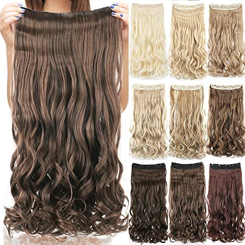 IMISSU Long Natural Thick Hair Curly Clip in on Synthetic Hair Extensions Hairpieces for Women (24 Inch,Light Mixed Brown)