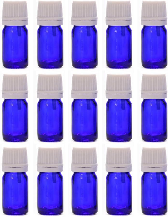 Constore 5ml Cobalt Blue Glass Bottle For Essential Oil Empty Jar Refillable Vials with Euro Dropper Orifice Reducer DIY Perfume Dispensers Lab Bottles White Coarse Grained Cap-15 Pack