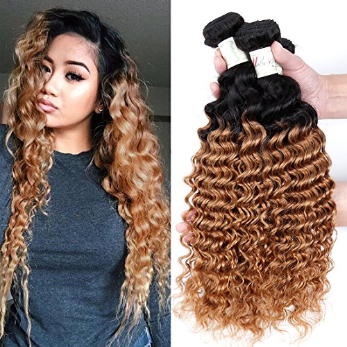 8A Ombre Brazilian Deep Wave Human Hair Extensions 3 Bundles 100% Unprocessed Remy Human Hair Weave Weft 2 Tone Mink Brazilian Virgin Curly Hair Bundles Ombre Colored Hair T1B/27 (16 18 20)